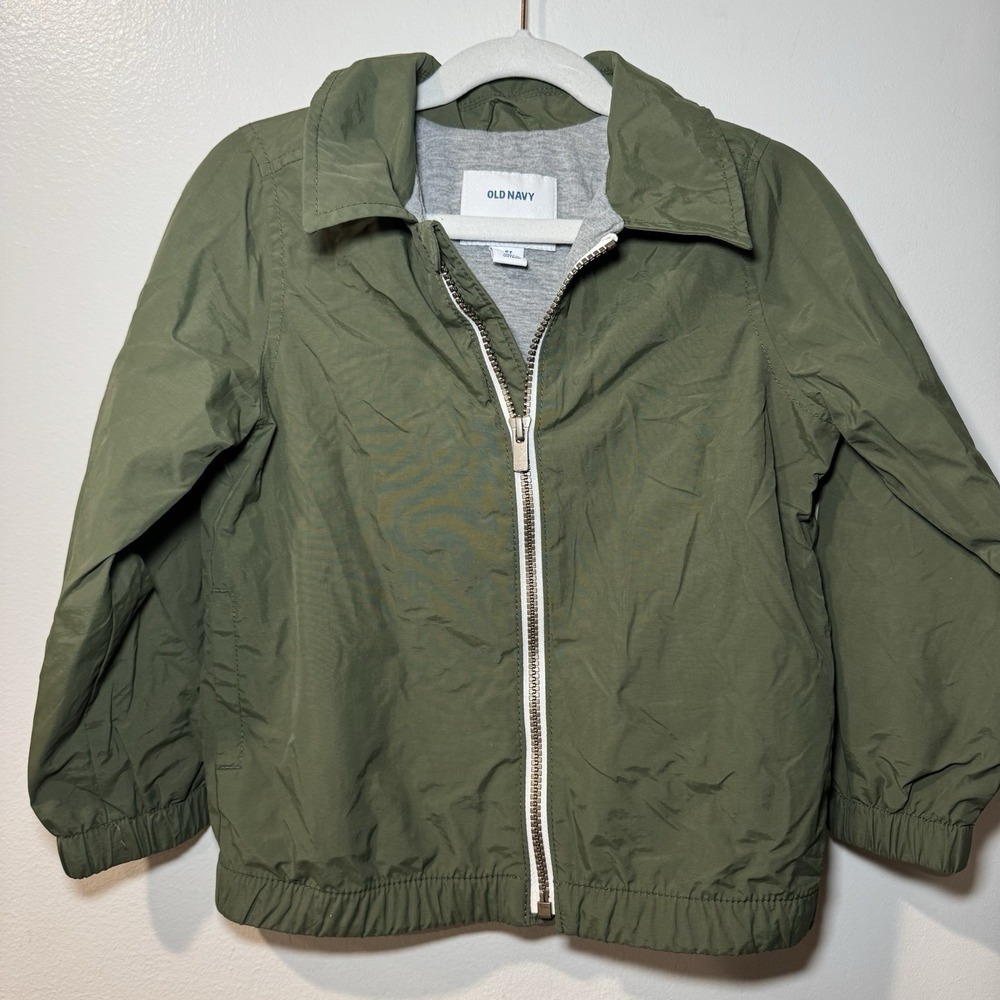 Old Navy 5T  Windbreaker Jacket Full Zip Lined Coat Green Elastic Waist Pockets